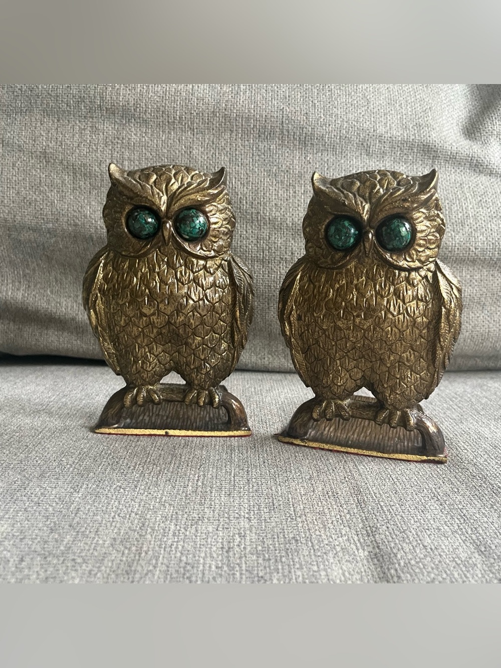 Vintage Brass Owl Bookends Pair Handmade in Israel Turquoise Eyes Mid Century 5”